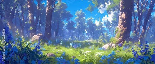 In a tranquil forest with a dreamy and fascinating feeling  a perfect blend of trees  grass  flowers and the sky. digital art style  illustration painting. generative AI