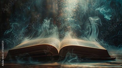 Magic open book with sparkle smoke mist concept wallpaper background
