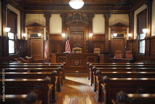 Courtroom With Wooden Pews and American Flag © Ilugram