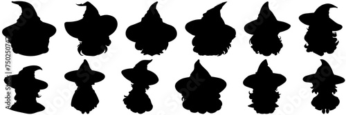 Witch with hat silhouettes set, large pack of vector silhouette design, isolated white background