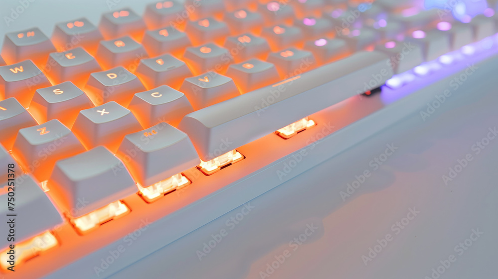 An ergonomic gaming keyboard with vibrant backlighting on a modern desk setup An ergonomic gaming keyboard with vibrant backlighting on a modern desk setup