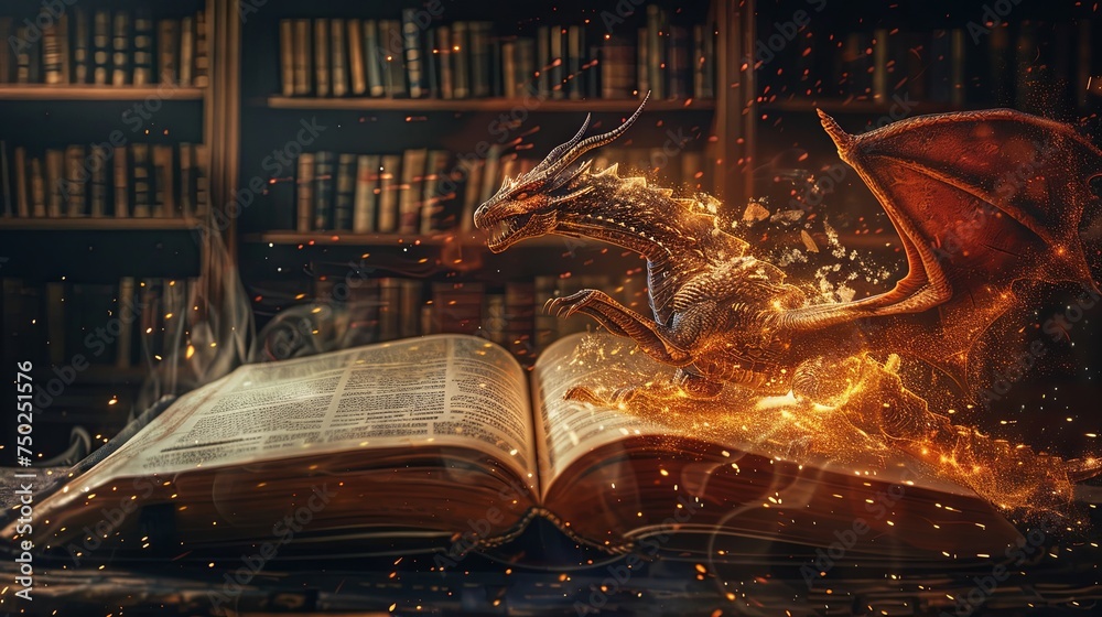 Obraz premium Magic book with fantasy dragon flying around concept wallpaper background