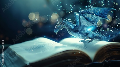 Magic book with fantasy dragon flying around concept wallpaper background