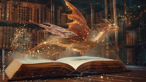 Magic book with fantasy dragon flying around concept wallpaper background