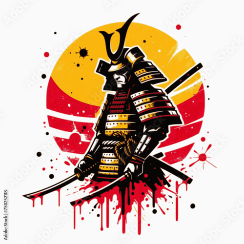 A vector style image of a samurai warrior with a yellow sun and red splashes, with an isolated white background