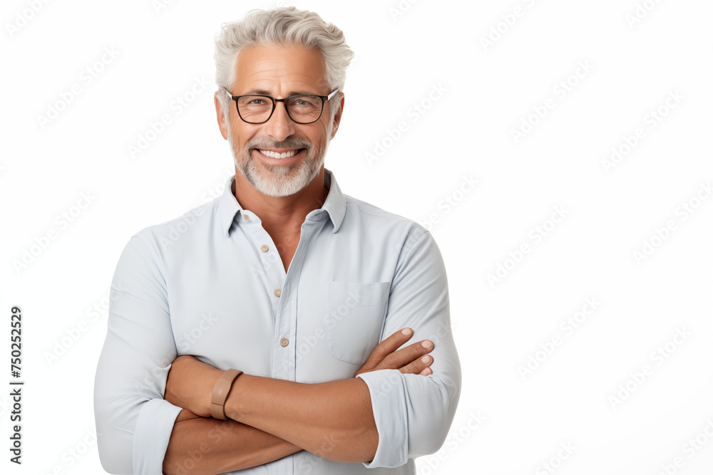 Stylischer älterer Mann, gutaussehender und sportlicher Mann, graue Haare und lachen - obrazy, fototapety, plakaty 