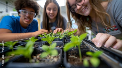 A trio of student researchers carefully inspect and measure the growth of seedlings in a controlled environment representing the handson learning and experimentation that