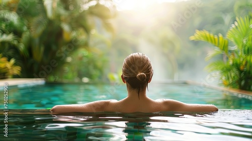 White woman swimming in thermal water nature pool concept wallpaper background