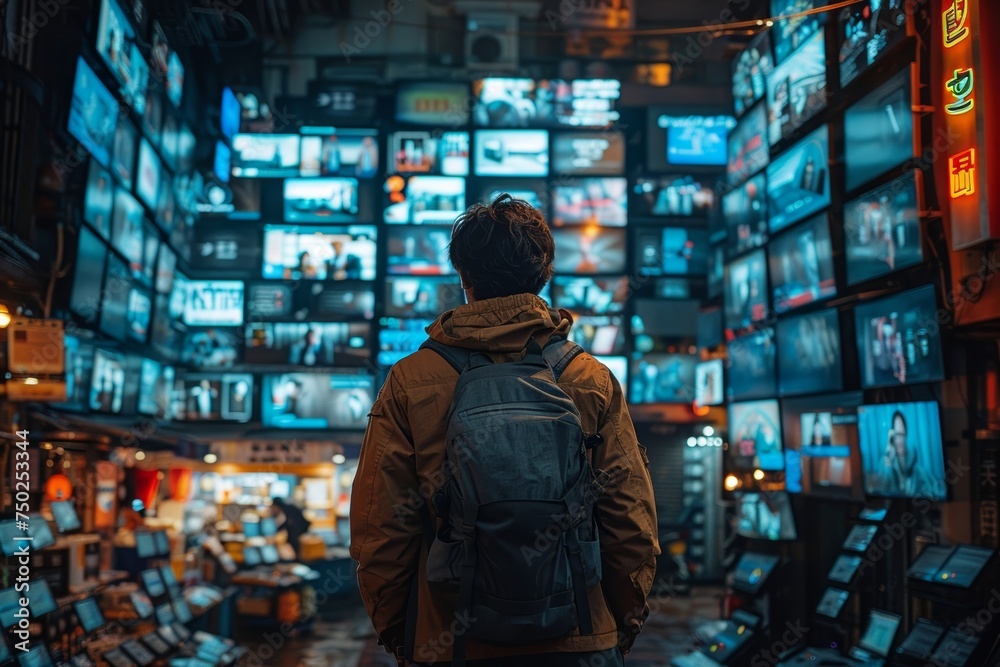 Fototapeta premium Man surrounded by screens displaying media content, symbolizing digital overload