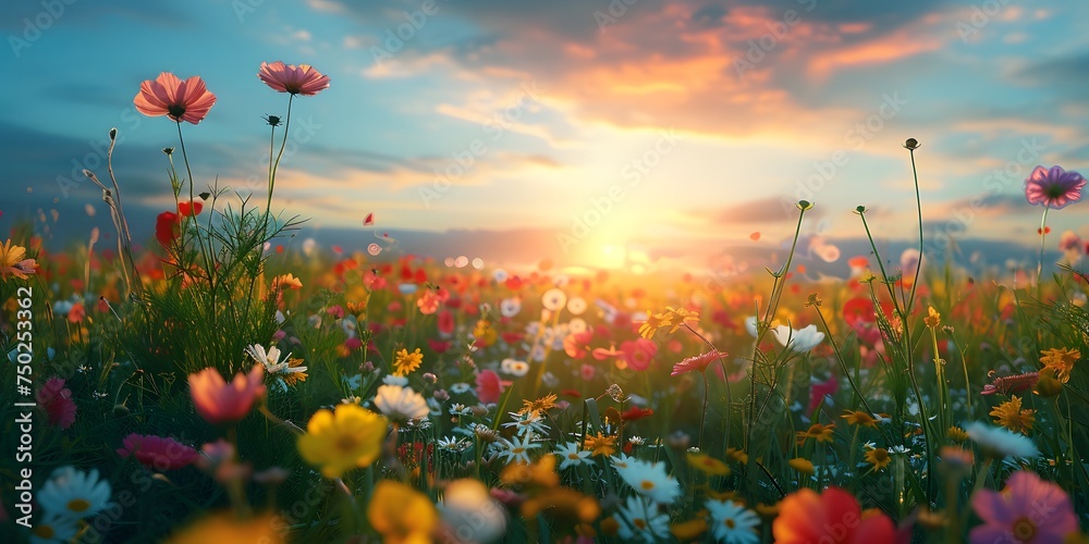 field of flowers poppies in the morning field of flowers poppies in the morning