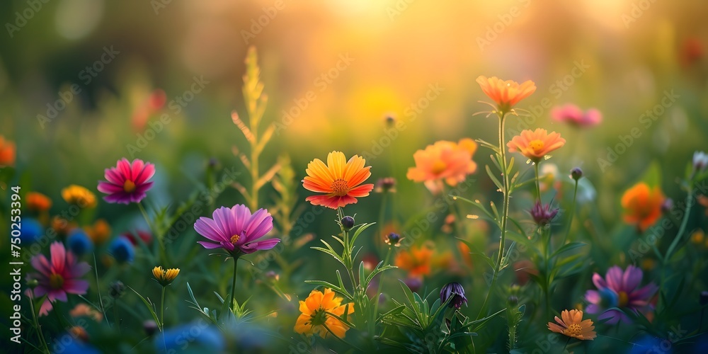 field of flowers poppies in the morning