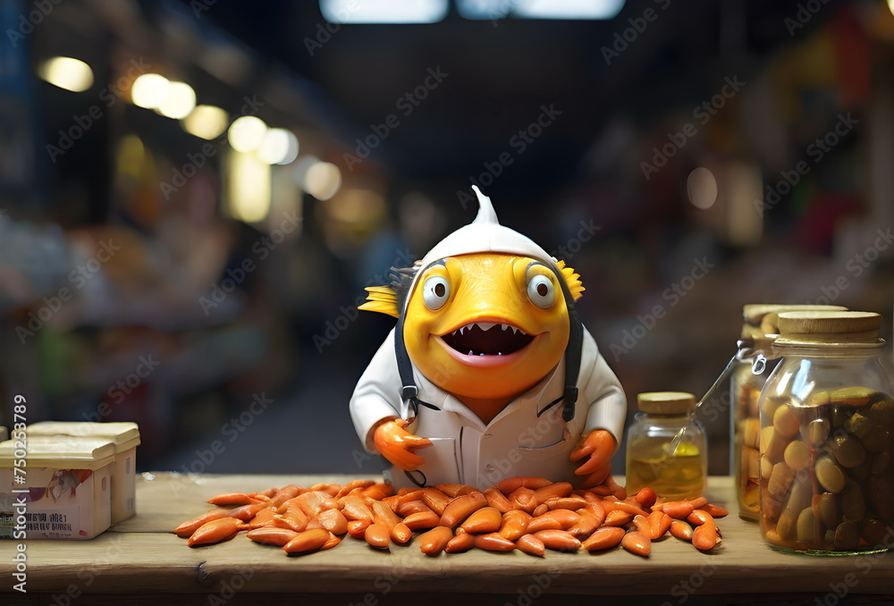 Selling the fish oil at market. Conceptual art Selling the fish oil at market. Conceptual art