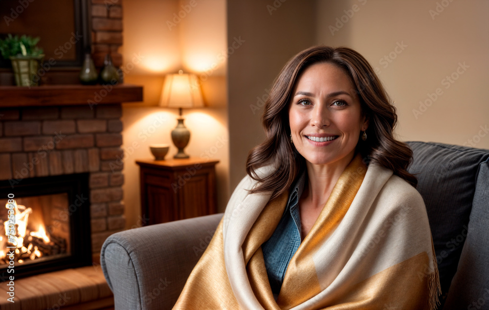 A woman with brown hair and a shawl wrapped around her sits on a gray couch. She is smiling and looking at the camera. A woman with brown hair and a shawl wrapped around her sits on a gray couch. She is smiling and looking at the camera.