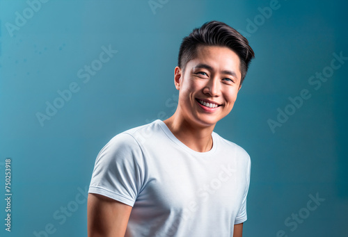 A young Asian man wearing a white t-shirt, standing against a blue background. He has a big smile on his face and is looking directly at the camera.