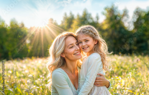 A woman with blonde hair and a white dress holds a little girl with blonde hair and a white dress. They are both smiling and looking at the camera. 