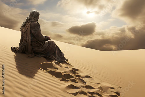 Person sitting in the desert, desert person, ssitting on a dune photo