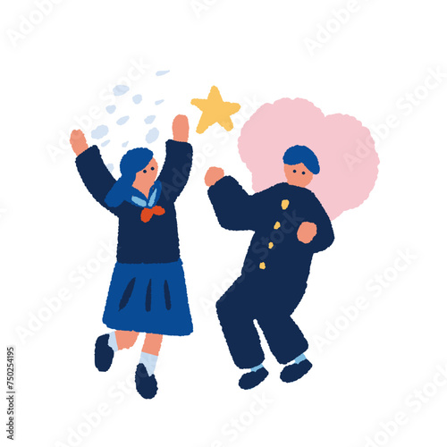 制服を着た元気な男女の学生のフラットでシンプルなイラスト
