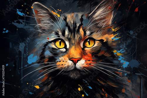 Malerei Katze, Katzenmalerei mit Farbspritzern, Nahaufnahme Gesicht der Katze