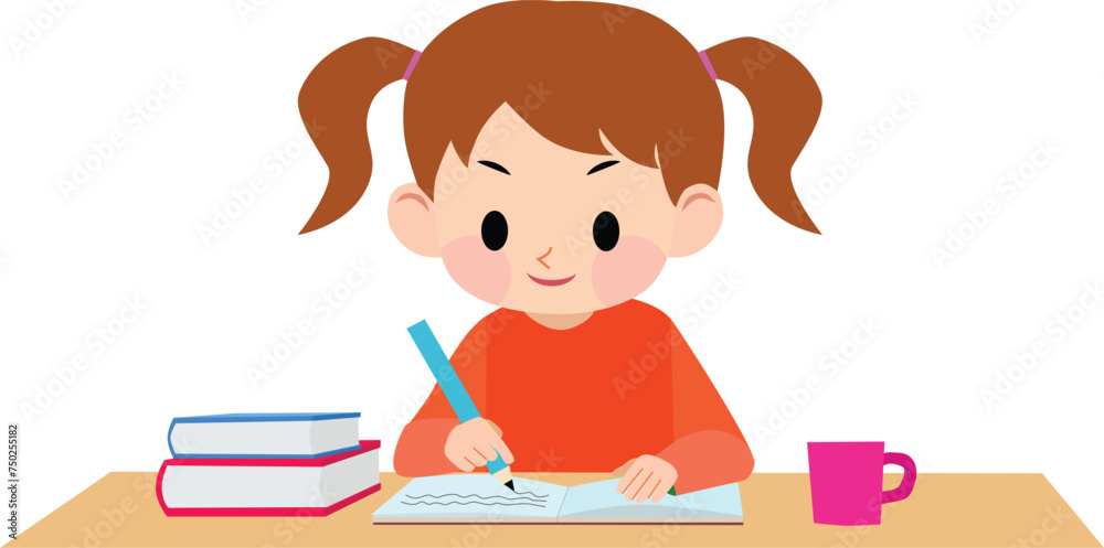 A girl wearing orange clothes studying. Vector Illustration. A girl wearing orange clothes studying. Vector Illustration.