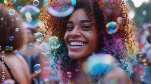 Happy Black Woman at Music Festival or Party with Rainbow Hair and Bubbles