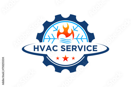 Logo design for HVAC Heating, Ventilation, and Air Conditioning service industry, with elements of fire, air and water, circular logo in the shape of a compressor fan gear.