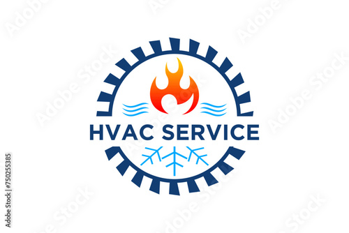 Logo design for HVAC Heating, Ventilation, and Air Conditioning service industry, with elements of fire, air and water, circular logo in the shape of a compressor fan gear.