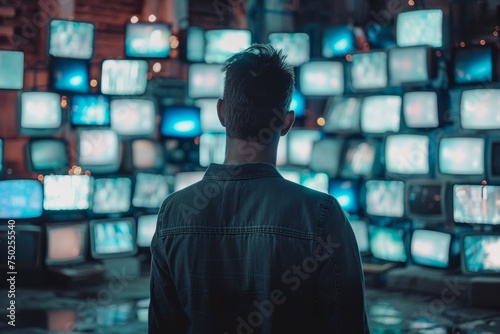 Media-driven reality: man encircled by screens depicting digital content