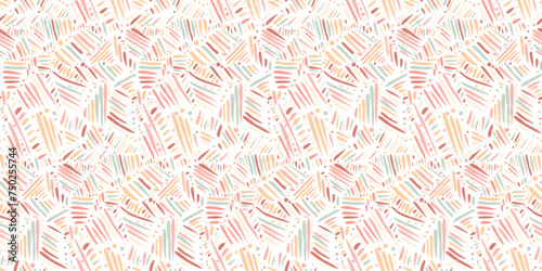 Pastel coral, orange and green colors seamless boho pattern with chaotic hand drawn lines and strokes. Abstract scandinavian sketch shapes vector print for textile, wrapping paper, cover, wallpaper