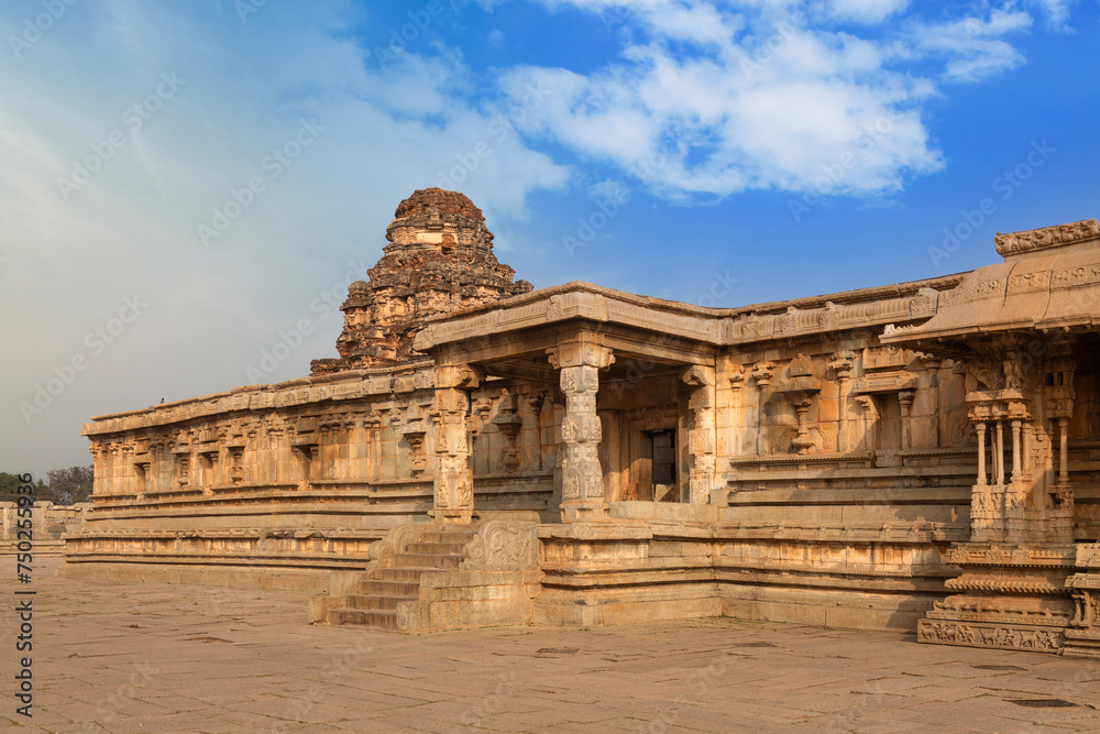 Ancient stone architecture ruins of the Vijaya Vitthala temple at Hampi, Karnataka, India. 