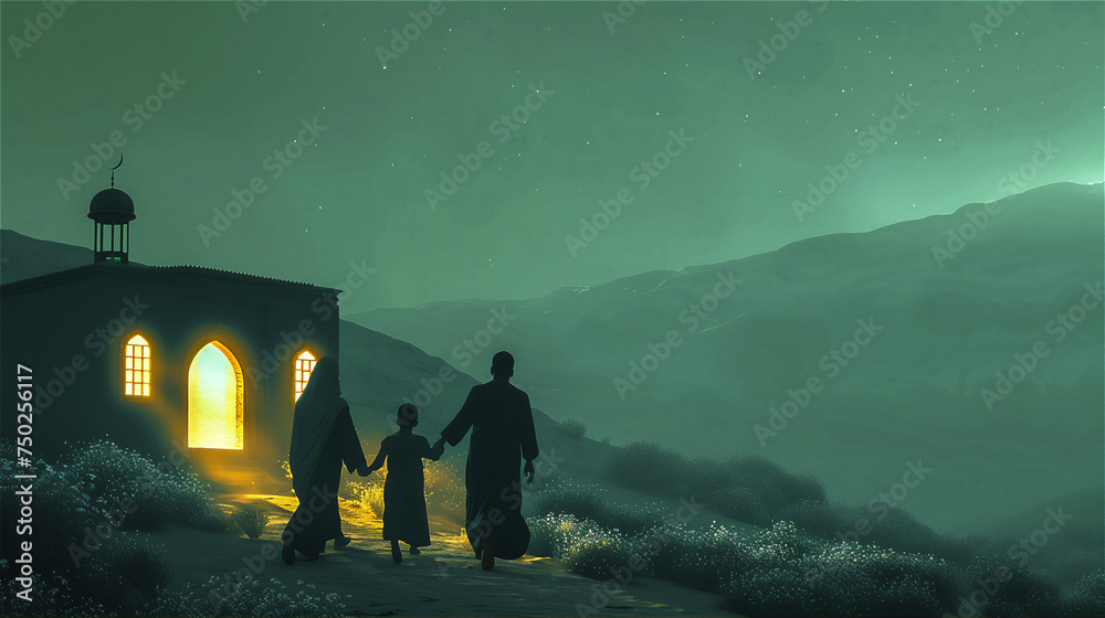 Muslim family Go to pray to a little Mosque in the meadow hill at misty early morning - obrazy, fototapety, plakaty 