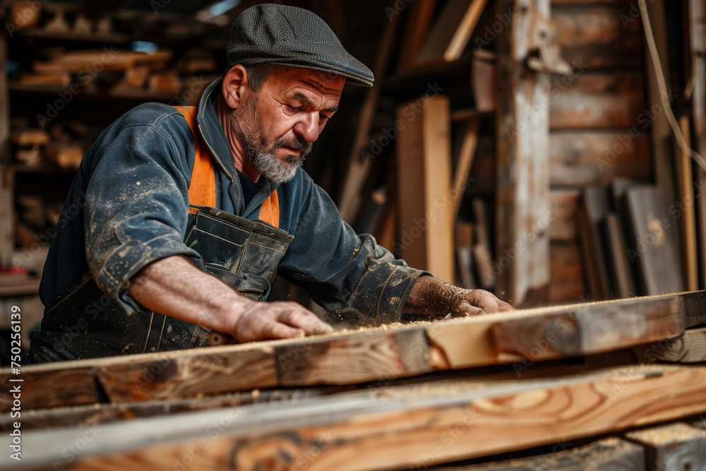 Carpenter working with wood in his workshop, professional man with dedication to craftsmanship and construction Carpenter working with wood in his workshop, professional man with dedication to craftsmanship and construction