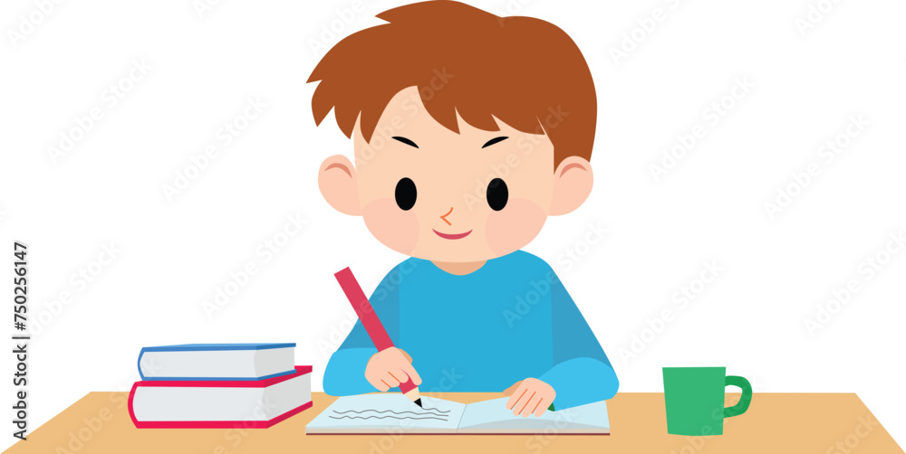 A boy wearing light blue clothes studying. Vector Illustration.