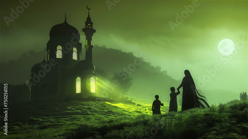 Muslim family Go to pray to a little Mosque in the meadow hill at misty early morning