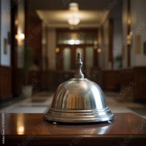 A classic service bell on a wooden reception desk, with a blurred hotel lobby in the background. Copy space.marketing materials related to customer service, hotel business