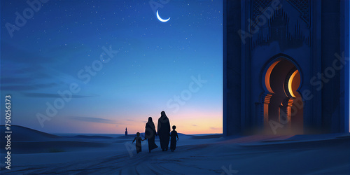 Muslims Go to the Mosque in the desert at blue night with crescent moon