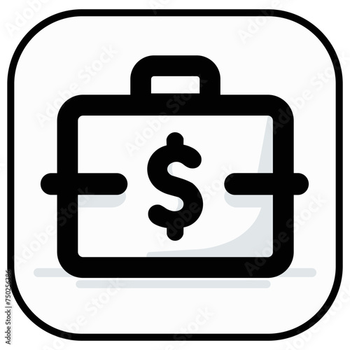 Minimalist illustration with outline. Executive briefcase with dollar sign in the center in black and white. Briefcase of money, finances, fortune