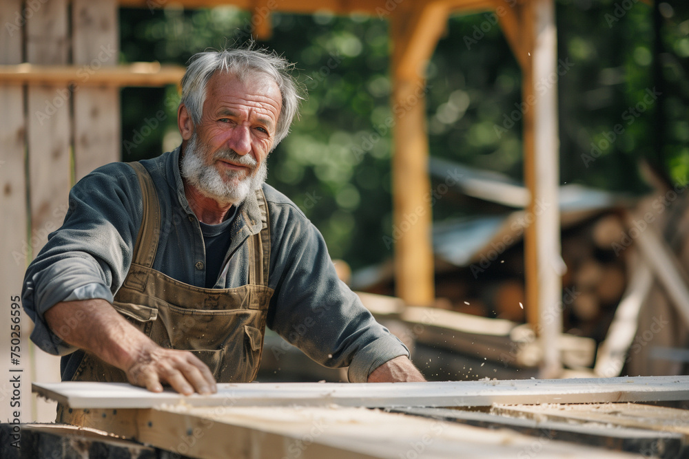 Carpenter working on the exterior of a house under construction, cutting wood planks with experience and mastery Carpenter working on the exterior of a house under construction, cutting wood planks with experience and mastery