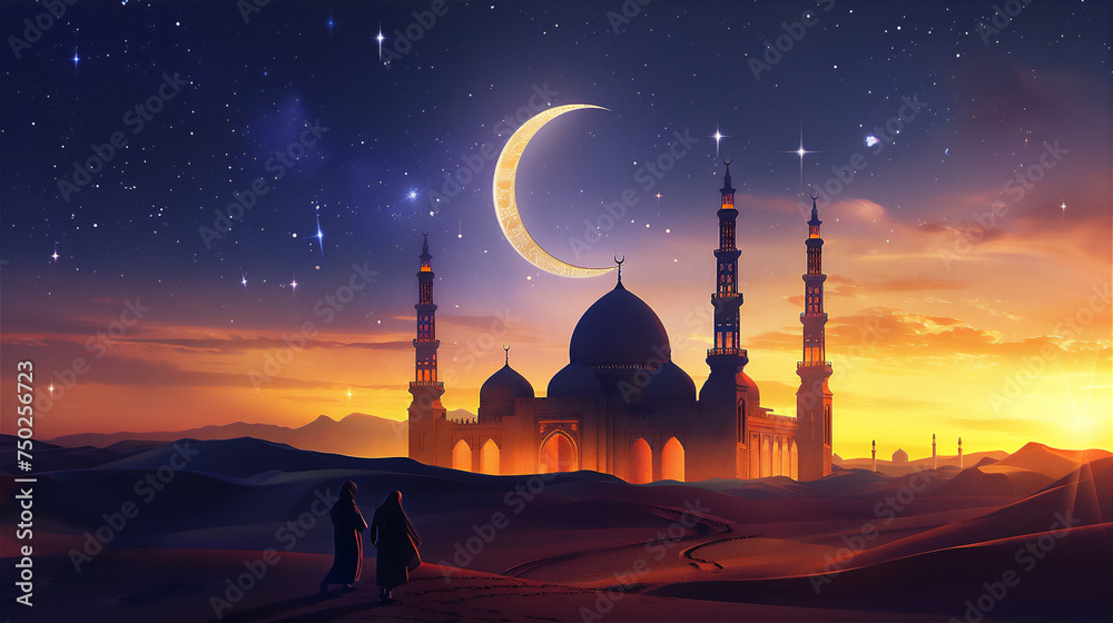 Muslims Go to pray to the Mosque in the desert at night with stars and crescent moon - obrazy, fototapety, plakaty 