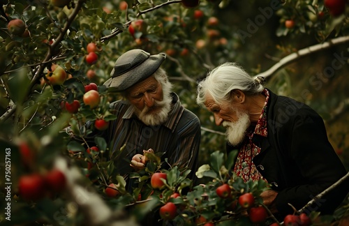 happy elderly couple harvesting fruits, apples in a basket, orchard, apple garden in the background