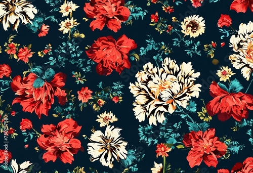 Seamless pattern with flowers. Floral pattern on dark background. Black background and bright flowers