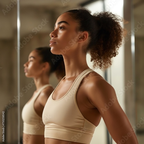Young afro woman in gym attire reflecting strength