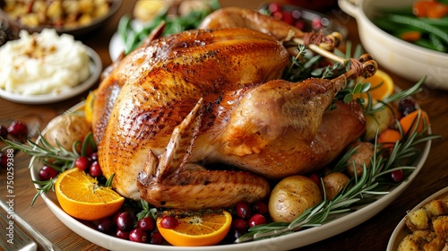 Close-up of a golden-brown turkey on a platter