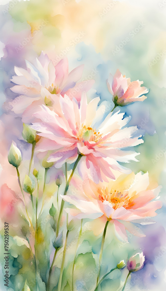 A watercolor style illustration of spring flowers in pastel colors and soft green background with open space for text. 