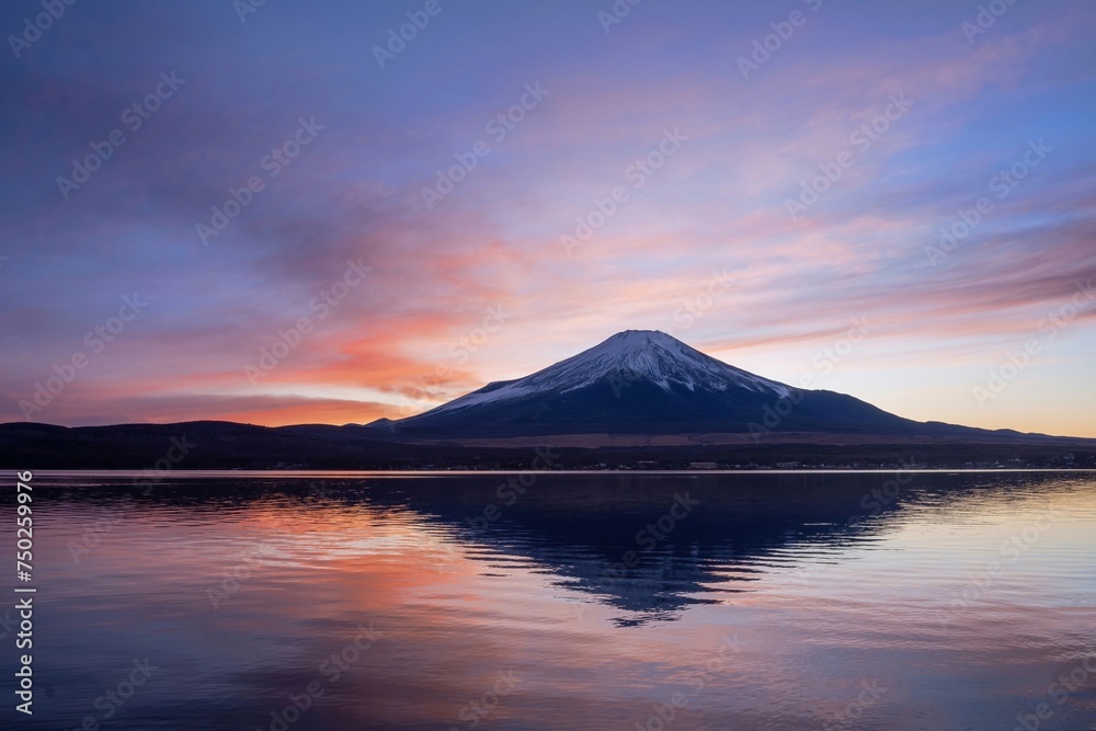 山中湖で見た幻想的な夕焼けバックの富士山の絶景