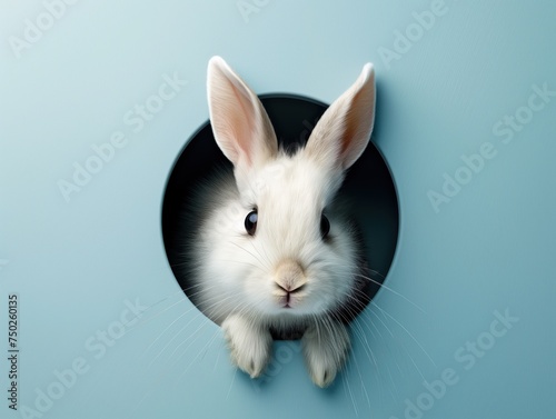 a cute realistic white rabbit peeking through a hole on a blue background. The hole is round and has black edges. The background is light and uniform blue.