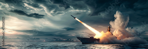 Missile Launch from Warboat or Warship Navy Destroyer in Military Special Mission Wide Banner War Theme photo