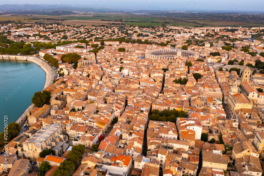 View from drone of ancient city Arles and roman amphitheatre, France