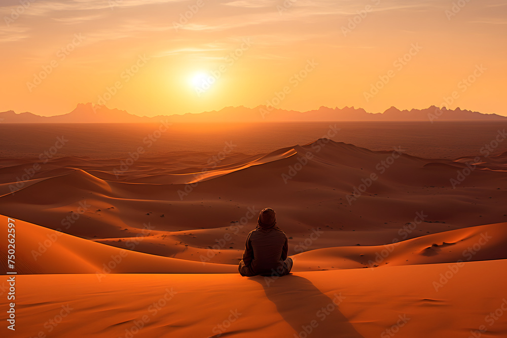 person sitting on dune in the desert, sitting on a dune in the desert, desert dune