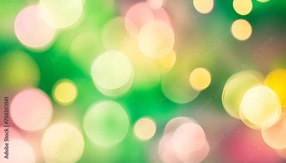 A soft spring bokeh light blur background in pink, green and gold colors. 