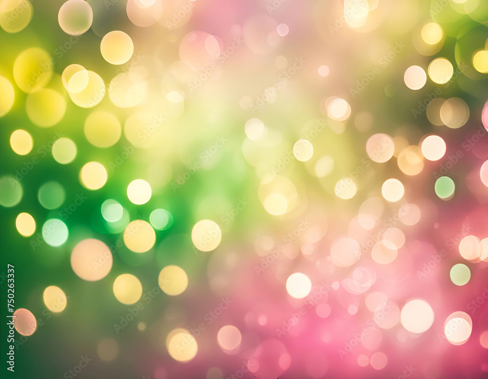 Obraz premium A soft spring bokeh light blur background in pink, green and gold colors. 